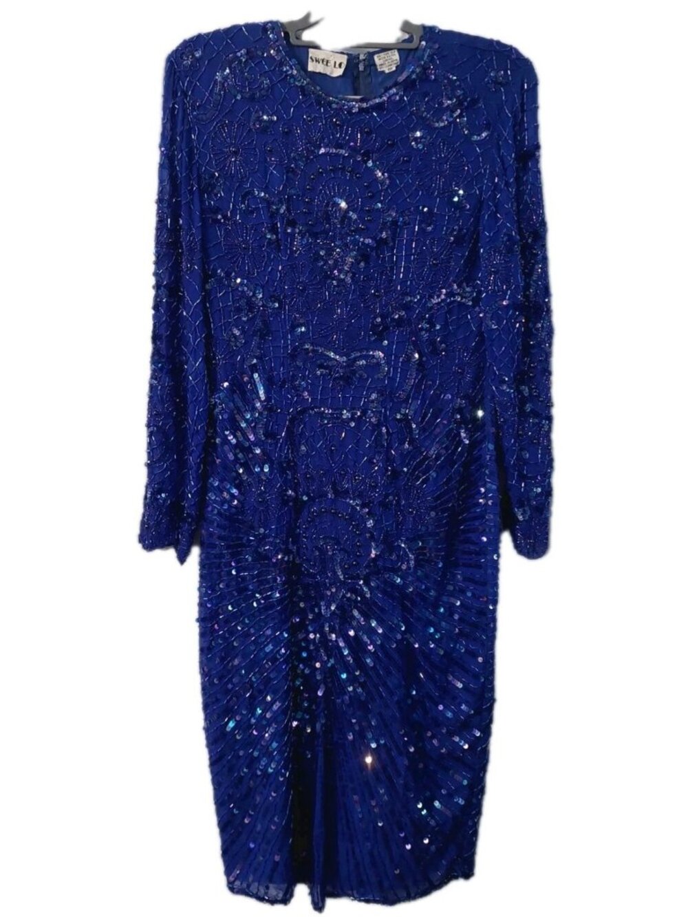 Sweet Lo Dress Size Medium Sequin Blue Silk Dress 3/4 Sleeve Vintage READ